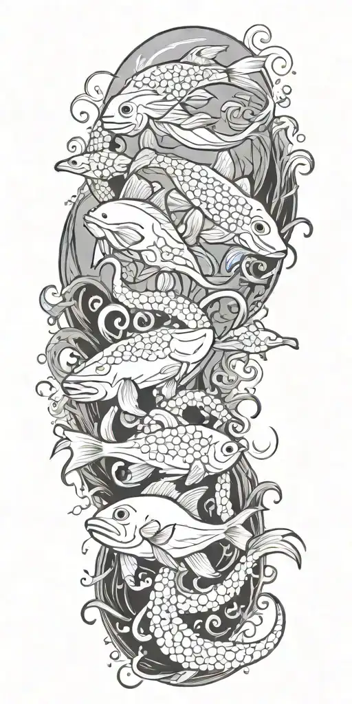 elements of the ocean with fish and octopus  tattoo design idea