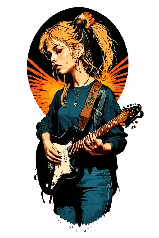 A leftist punk rock female guitarist with a tattoo of their blond 11 year old niece and dog on their arm tattoo design idea