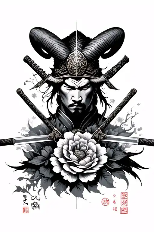 aries face and samurai warrior. double sword. aries written in Japanese. Japanese elements like flowers, wind, etc. tattoo design idea