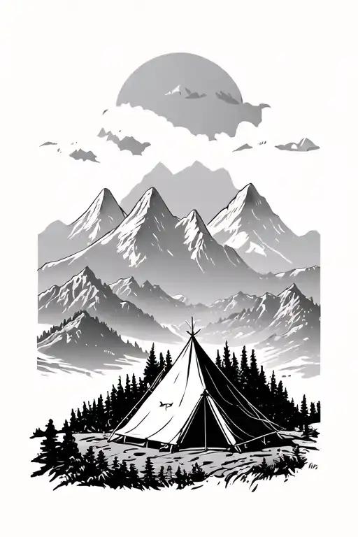 Blackwork  topo map, bold center scene with tent + mountains for cover-up, clean contour lines. tattoo design idea