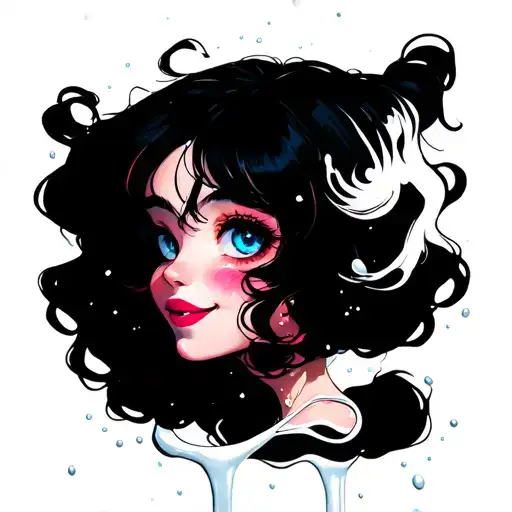 smiling girl, blue eyes, pink hair, red lips, milk all over tattoo design idea
