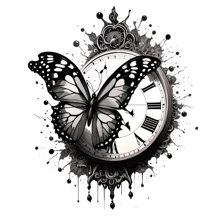 butterfly wing disintegrating old clock tattoo design idea