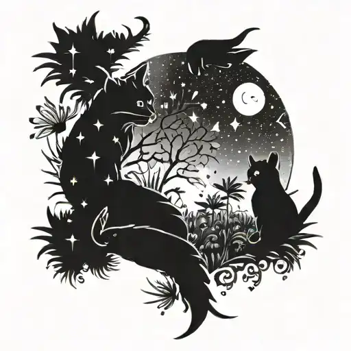 A celestial garden with cats lounging under a sky full of shooting stars tattoo design idea
