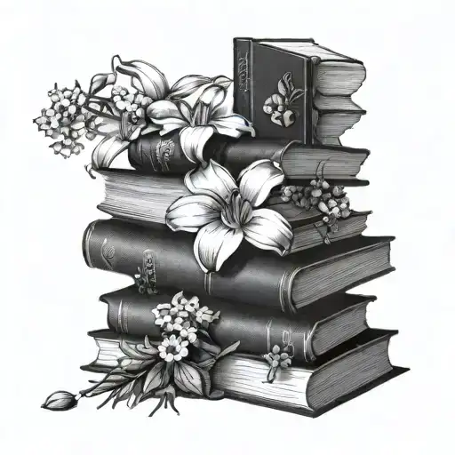 Stack of books with one on top open and with blank pages, surrounded by snapdragons and small daisies tattoo design idea