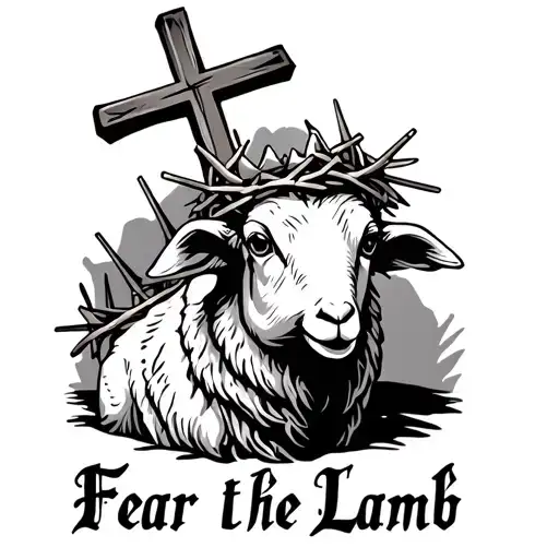 Lamb with a Cross, wearing crown of thorns, with text "Fear the Lamb" tattoo design idea