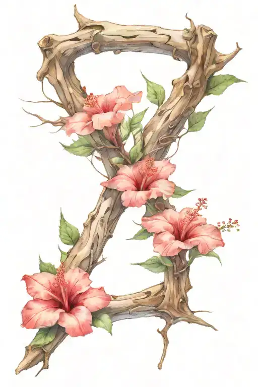 barb wire wrapped driftwood with hibiscus and desert rose blooms tattoo design idea