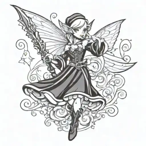 fairy elf with magical powers and a blade, in a dress tattoo design idea