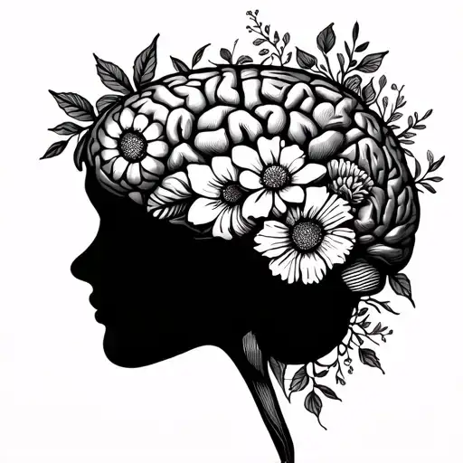 line drawing of a brain with many floral elements can even be made of flowers tattoo design idea