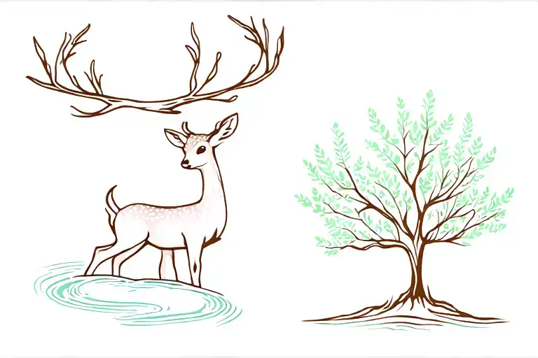 baby deer, living tree, river, dainty and fine line, wrap around wrist tattoo design idea