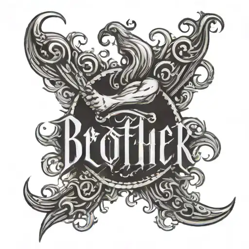 The picture shows a tattoo on an arm. The tattoo consists of the word "Brother" in Gothic script and below it two hands  tattoo design idea