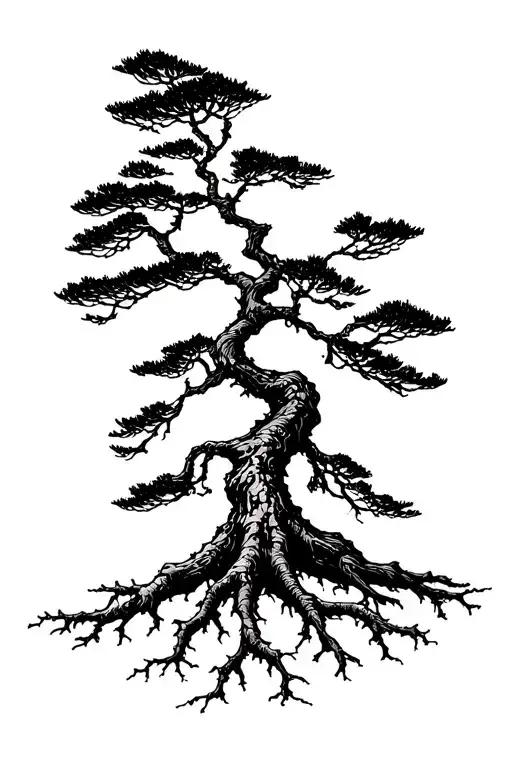 woodcut/etching style twisted limber pine tree with roots tattoo design idea