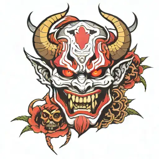 oni mask split in half with skull tattoo design idea