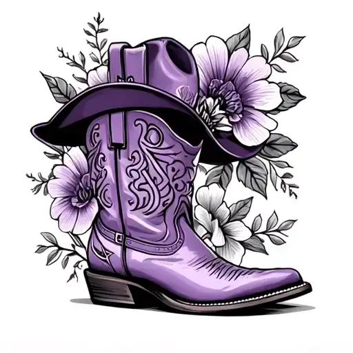 cowboy boot and hat and flowers purple tattoo design idea