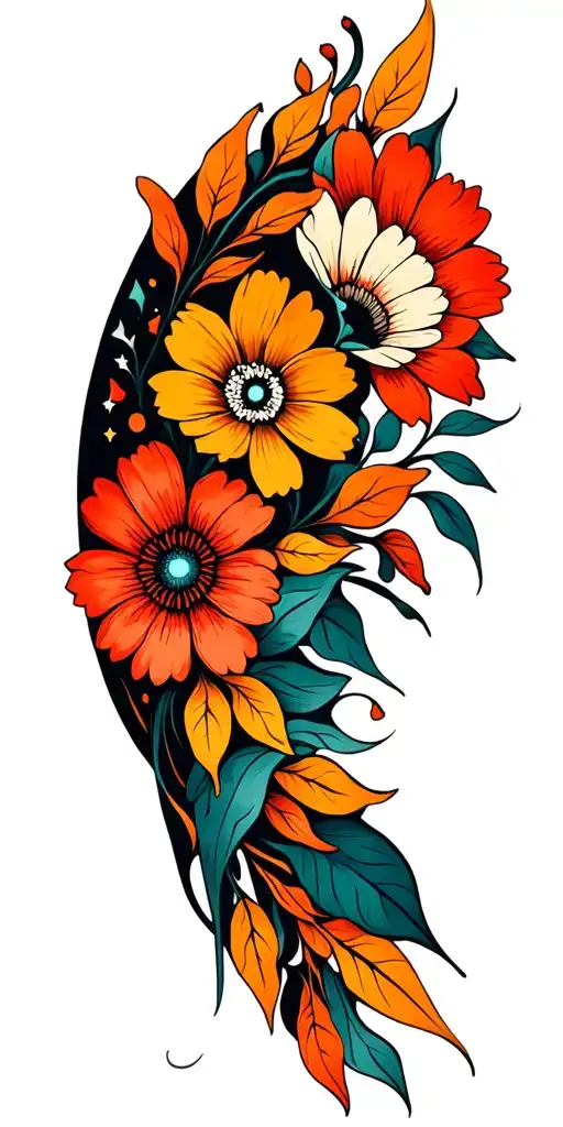 traditional negative space flowers. black gap filler with very small negative space sparkles and crosses  tattoo design idea