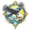 raven flying with a skull with mushrooms as bottom border with blue stained glass background and sun tattoo design idea