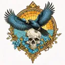 raven flying with a skull with mushrooms as bottom border with blue stained glass background and sun tattoo design idea