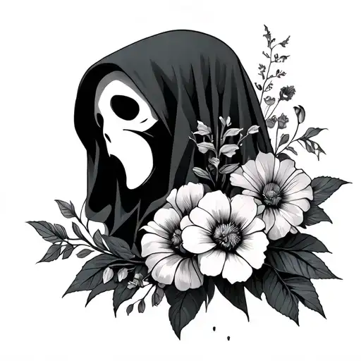 ghost from destiny with some flowers, fine line tattoo design idea