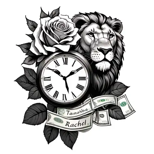 roses with money a lion moms name Taneisha and Rachel with a clock dat has 2007 tattoo design idea
