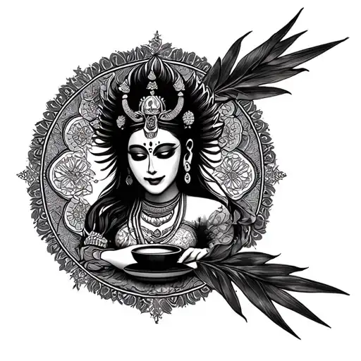 The goddess of death Kali, surrounded by a mandala, staged Gong Fu Cha Chinese tea ceremony tattoo design idea