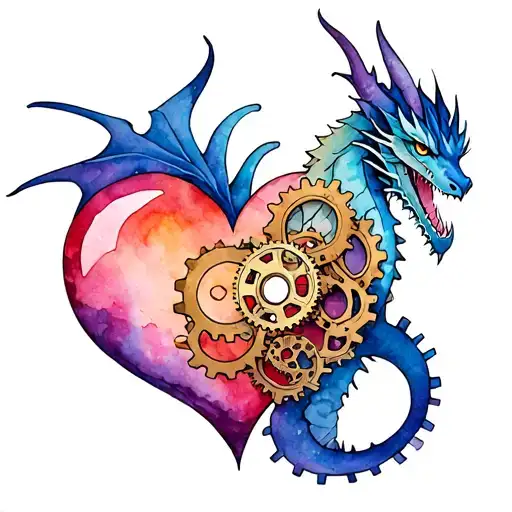 steampunk dragon with gears in a heart tattoo design idea