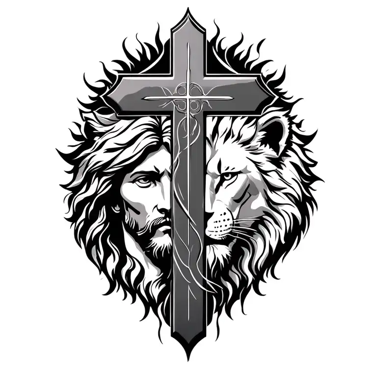 a christian tattoo that has a cross with jesus' face on the left side of the cross and a lions face on the right side of tattoo design idea