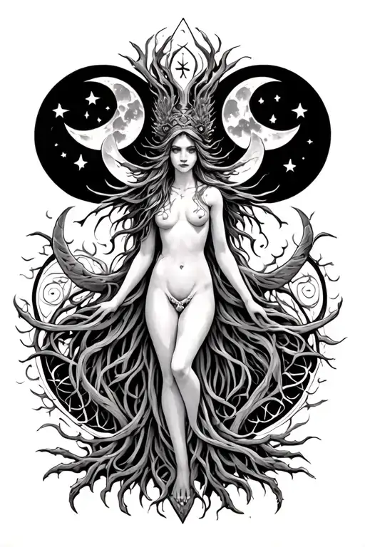 tree nymph with triple moon goddess and trinity knot border tattoo design idea