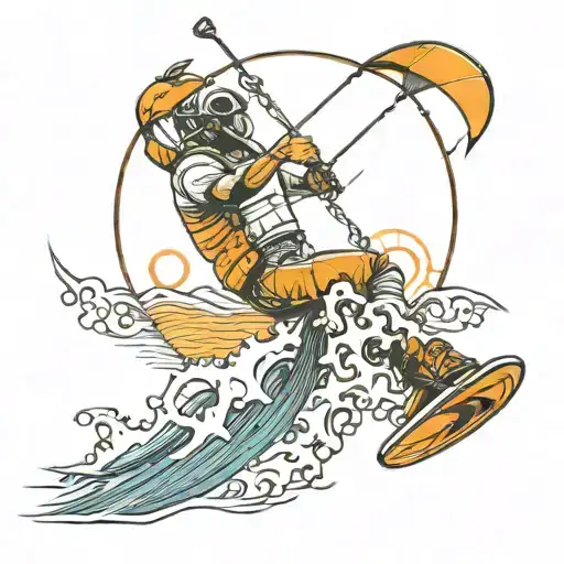 Kiteboarding, ocean waves, minimal line art tattoo design idea