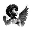 realistic African American angel boy with Afro praying with head looking slightly up for a neck tattoo tattoo design idea