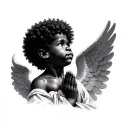 realistic African American angel boy with Afro praying with head looking slightly up for a neck tattoo tattoo design idea