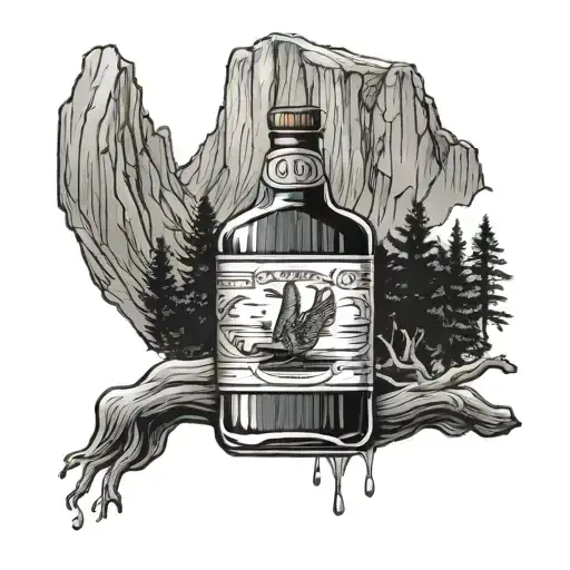 Traditional American tattoo of a whiskey bottle spilling into Yosemite falls tattoo design idea