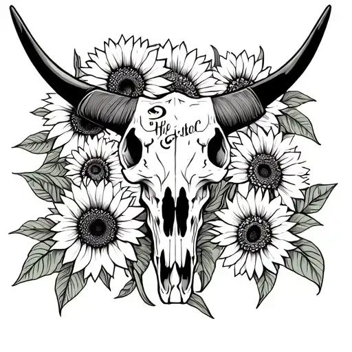 Longhorn skull and sunflowers wrapped tattoo design idea