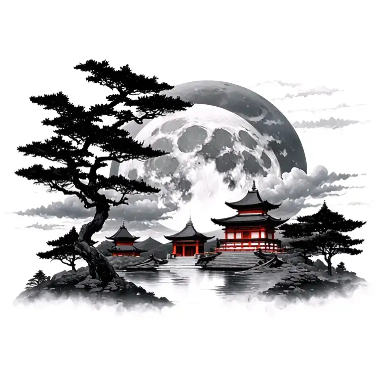 japan samurai temple chino temple full moon with cloud tattoo design idea
