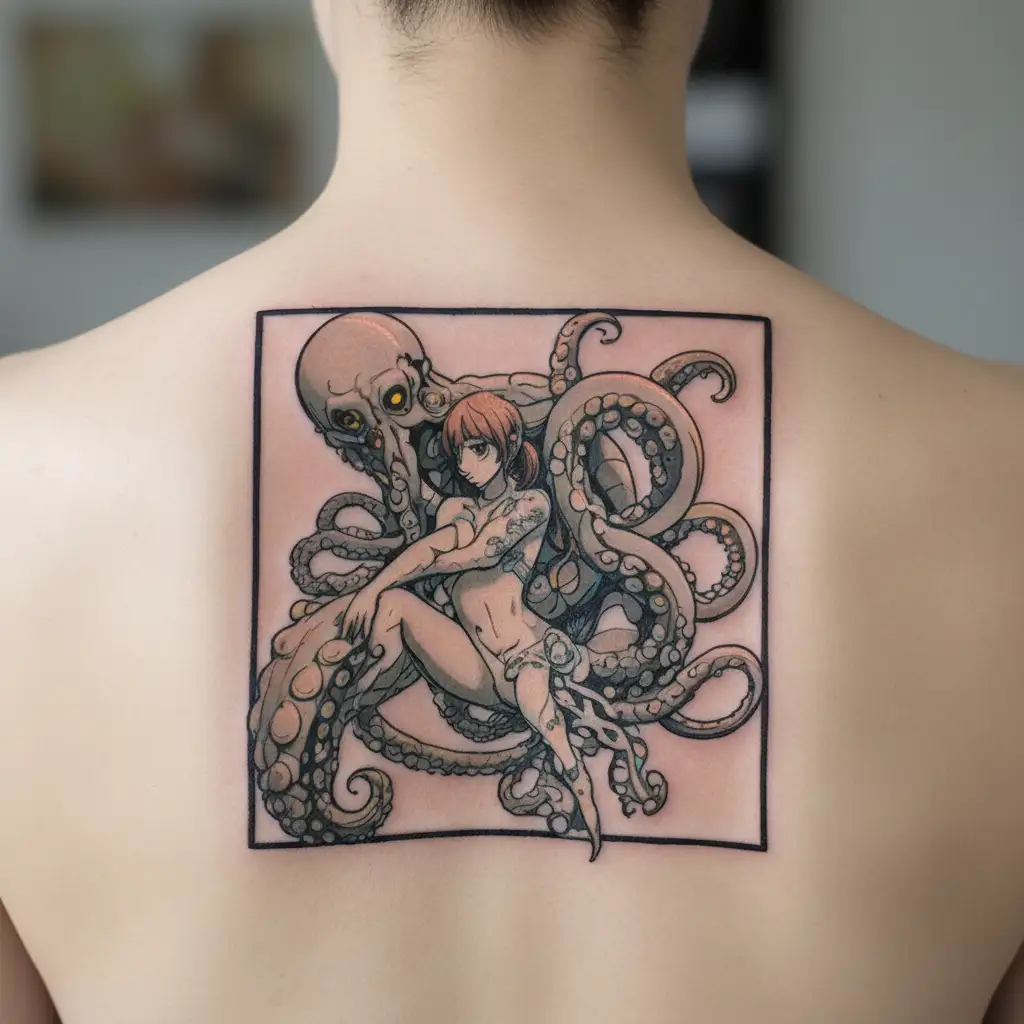 nude anime girl getting dominated by an octopus wrapped tattoo design idea