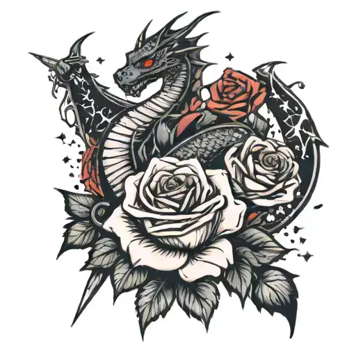 lust, love, passion, sexual fantasy, roses, stars, dragon, sword tattoo design idea