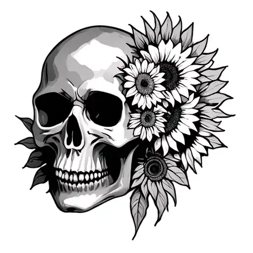 skull, with sunflowrs on side of face of skull pretty design around it tattoo design idea