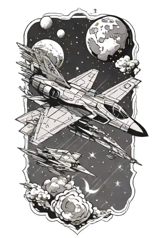  a fighter jet going outside of earth into cosmic tattoo design idea