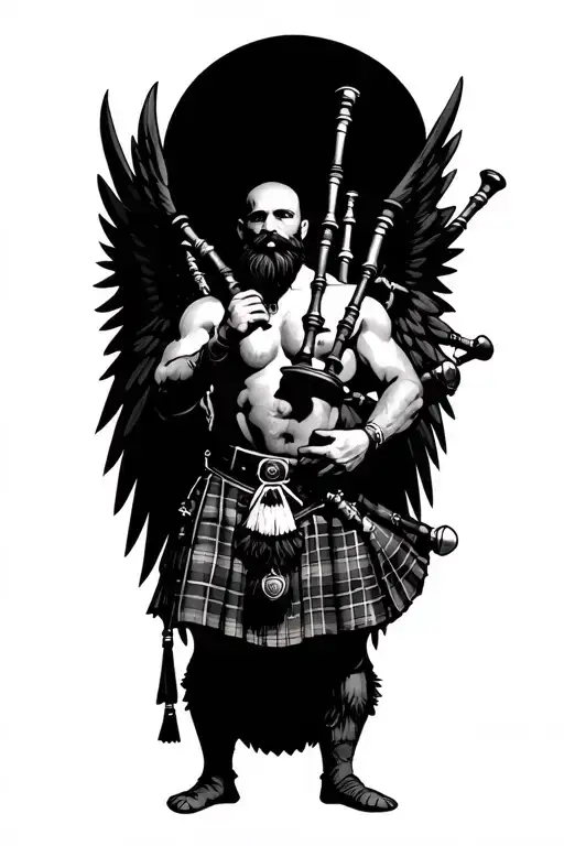 legless shirtless muscular bagpiper bald black beard playing bagpipes hoge black wings tattoo design idea