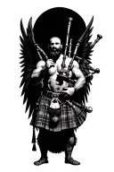 legless shirtless muscular bagpiper bald black beard playing bagpipes hoge black wings tattoo design idea