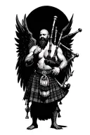 legless shirtless muscular bagpiper bald black beard playing bagpipes hoge black wings tattoo design idea
