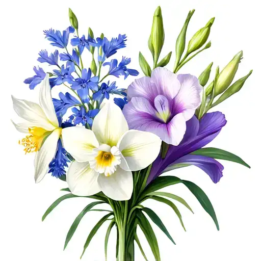 3 larkspurs 1 narcissus and 1 gladiolus flower bouquet tattoo design idea
