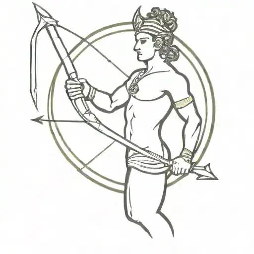 lord arjuna pointing a bow and arrow at a pisces sun sign tattoo design idea