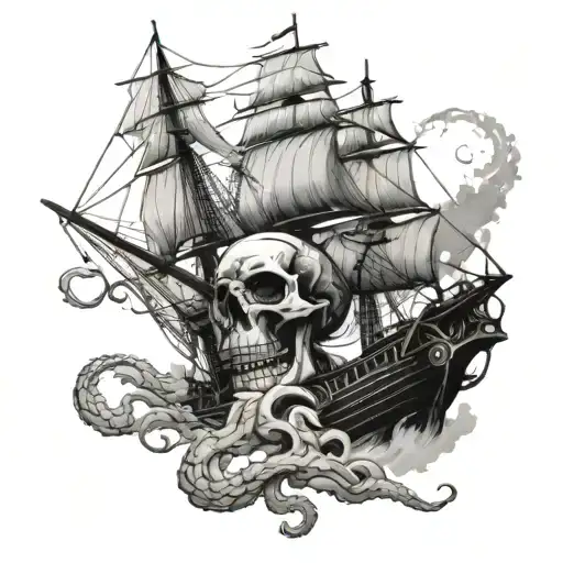 clipper ship kraken skull tattoo design idea