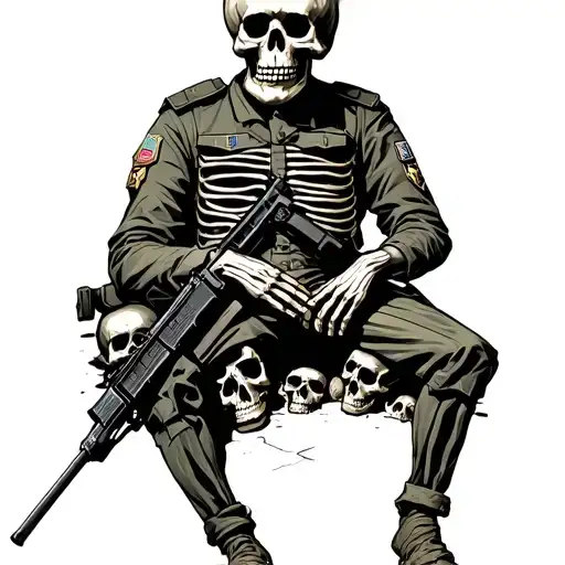 It is necessary to draw a skeleton in military uniform, which sits on a large number of skulls, in the hand of the skeleton AK4 tattoo design idea