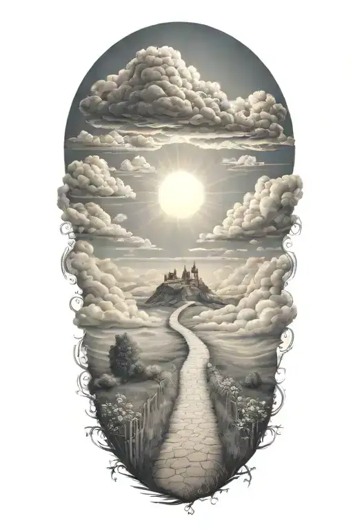  path around clouds at the end of the path a sun with 2 birthdays in it and 4 birthdays in the sunbeams tattoo design idea