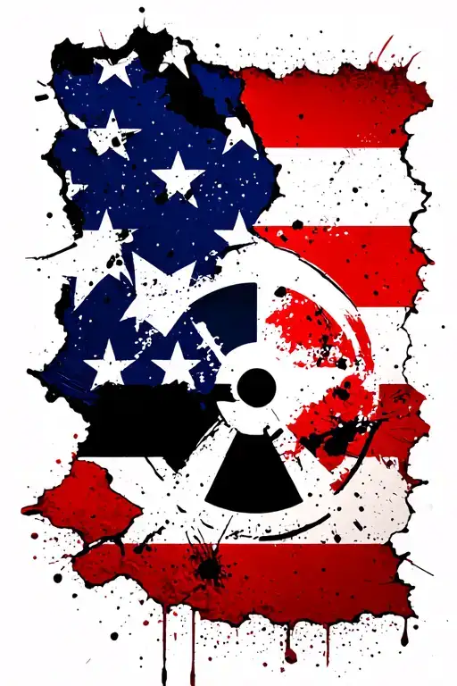 A tattered and torn American flag with a nuclear symbol where the stars are supposed to be. tattoo design idea