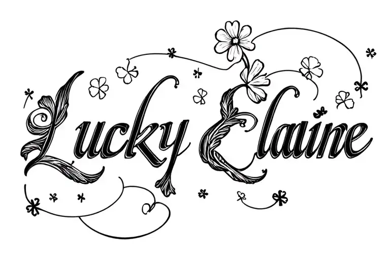 "Lucky Elaine" baroque filigree cybersigil in calligraphy with stars flower sleeve but w clovers instead  tattoo design idea