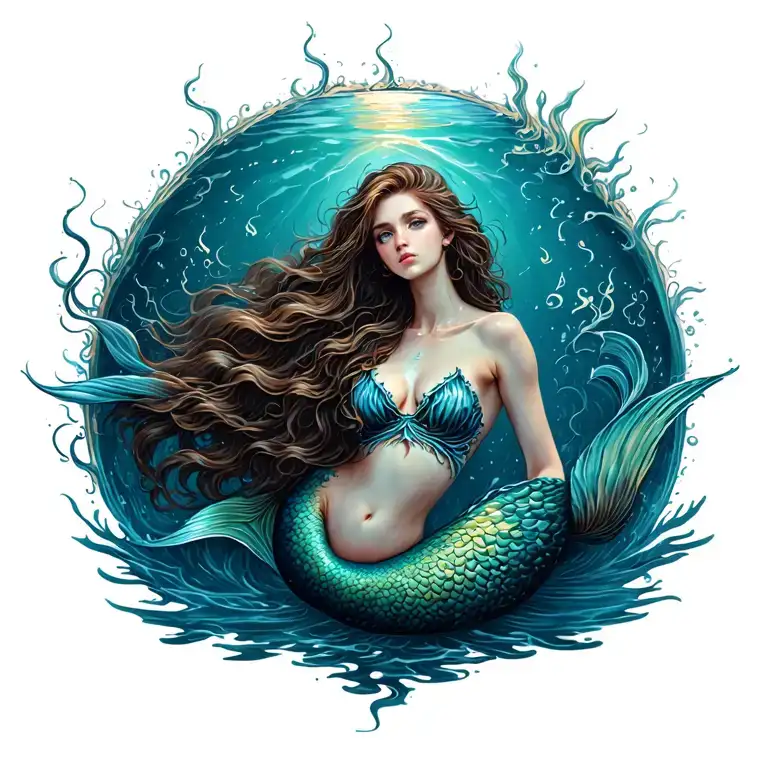 mermaid surrounded ocean scene tattoo design idea