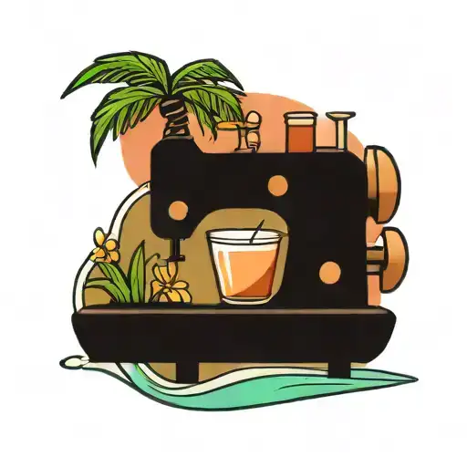 sewing machine palm tree wave cocktail coconut plumeria tattoo design idea