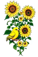 cartoon canary and Sunflowers intertwined with vines growing tattoo design idea