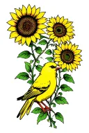 cartoon canary and Sunflowers intertwined with vines growing tattoo design idea